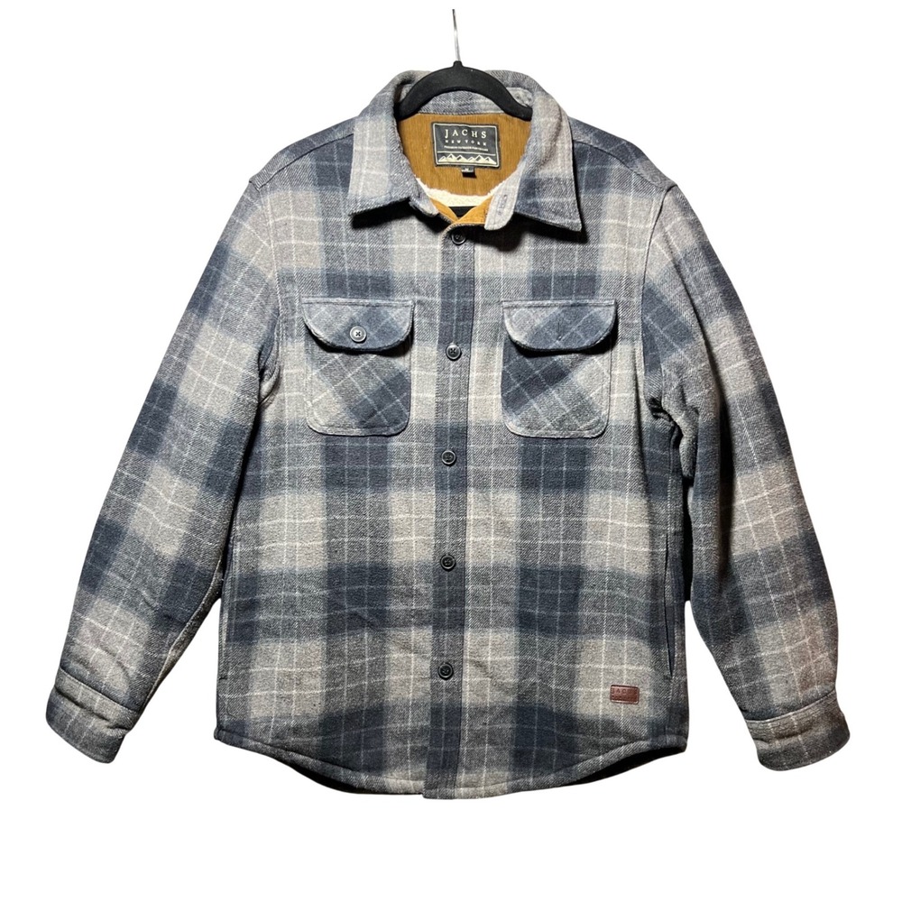 Jachs New York Plaid Sherpa Lined Wool Blend Flannel Shirt Jacket Gray Blue M